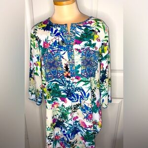 Fig & Flower Boho Tunic M – White w/ Colorful Floral & Geometric Pockets Anthro